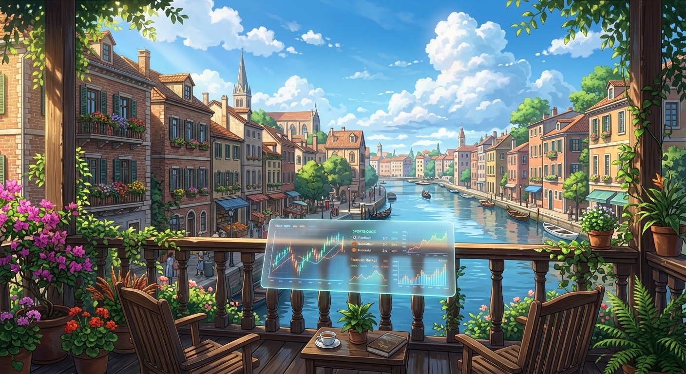 A market analysis display overlooking an interconnected canal city